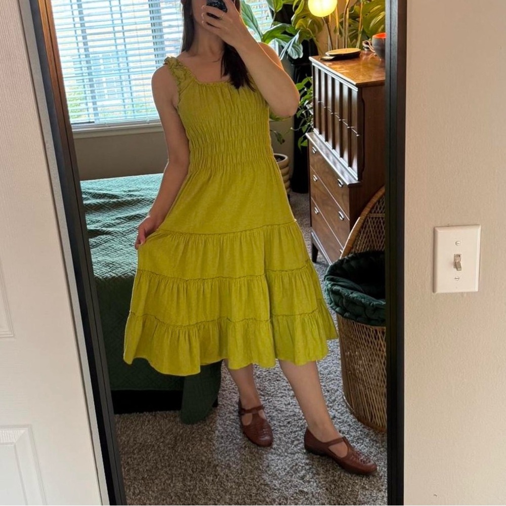 Lisa Says Gah Olive Smocked Midi Dress - Picture 2 of 7